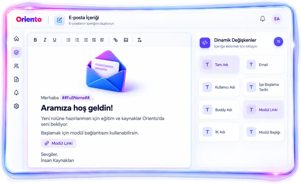 Oriento bildirim şablonu ekranı: e-posta içeriği ve dinamik değişkenler listesi