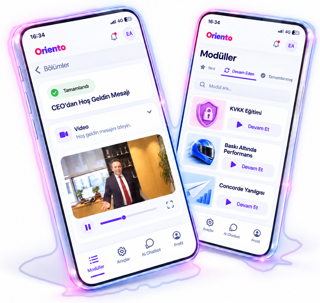 Oriento mobil uygulaması: modül listesi ve modül içinde video izleme ekranı