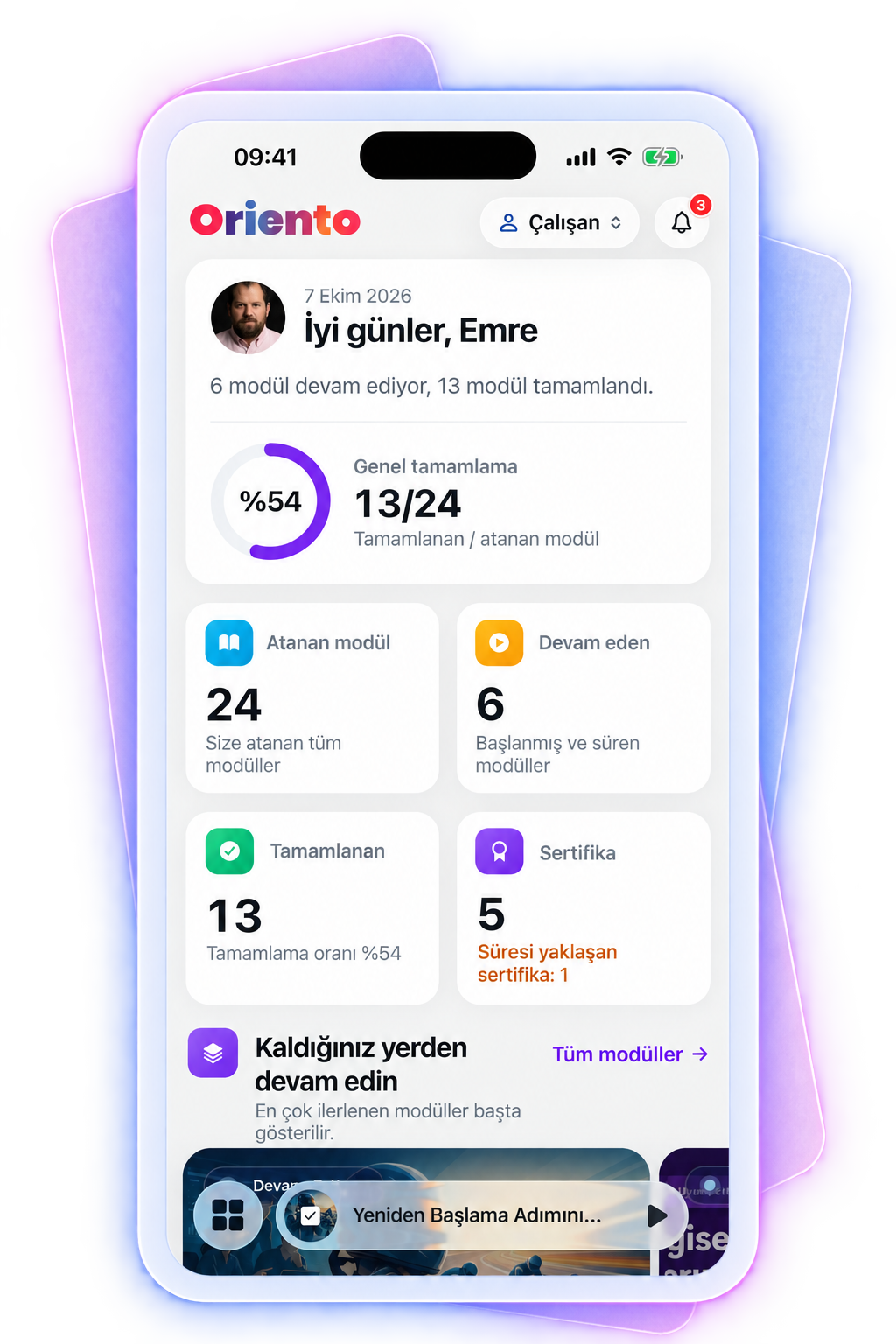 Oriento mobile app, employee dashboard: overall completion rate, assigned, ongoing and completed module counts, certificates and a pick-up-where-you-left-off card