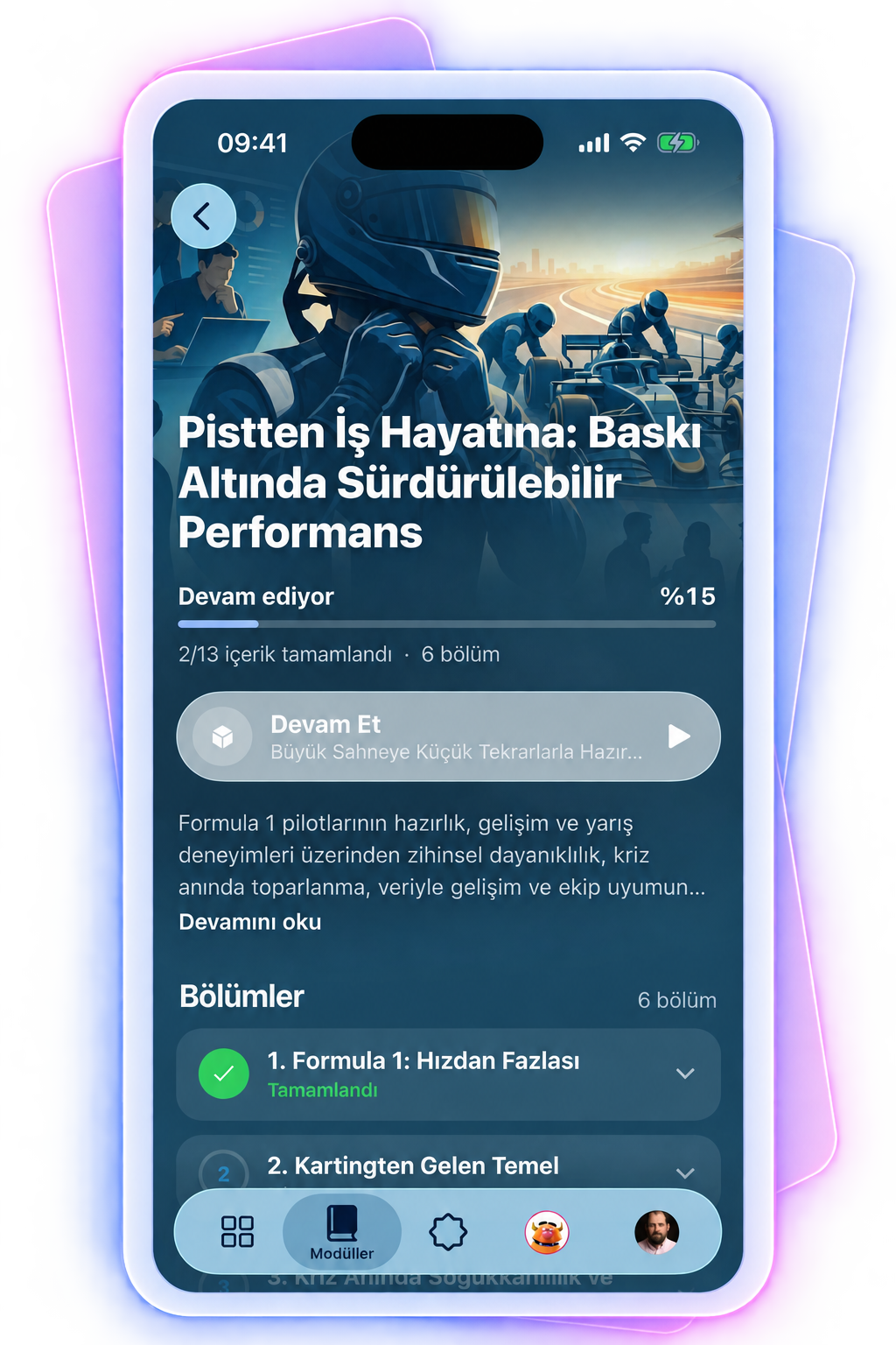 Oriento mobile app, module detail: completion percentage of the From the Track to Business Life module, the Continue button and the section list