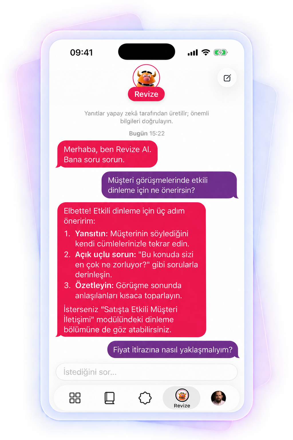 Revize AI chat screen in the Oriento mobile app: the chatbot’s three-step answer to an employee’s question on active listening, using only content the organization has taught it