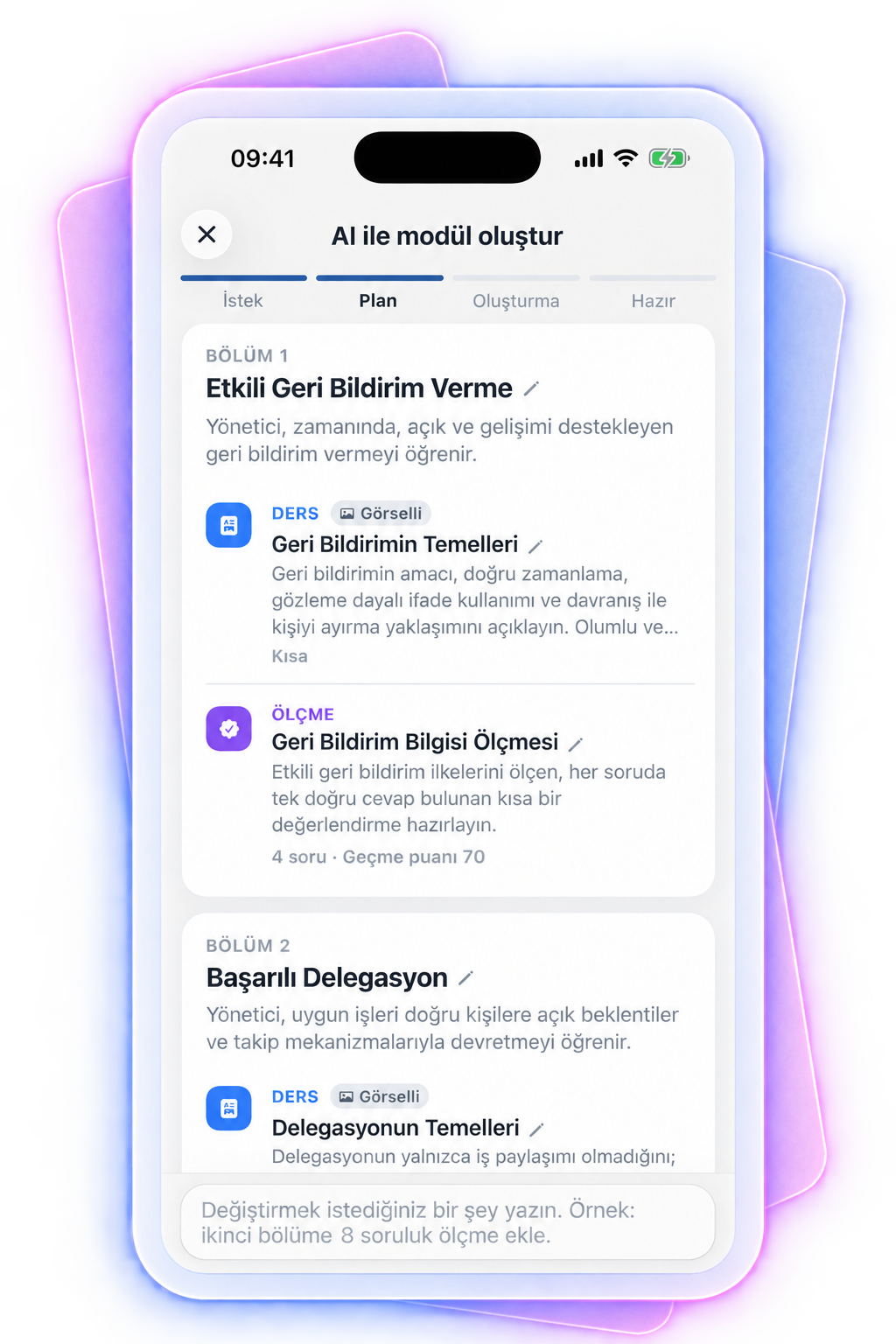 Create a module with AI in the Oriento mobile app, Plan step: Section 1, Giving Effective Feedback, with an illustrated lesson and a 4-question assessment; Section 2, Successful Delegation; and a field below for changing the plan by chat