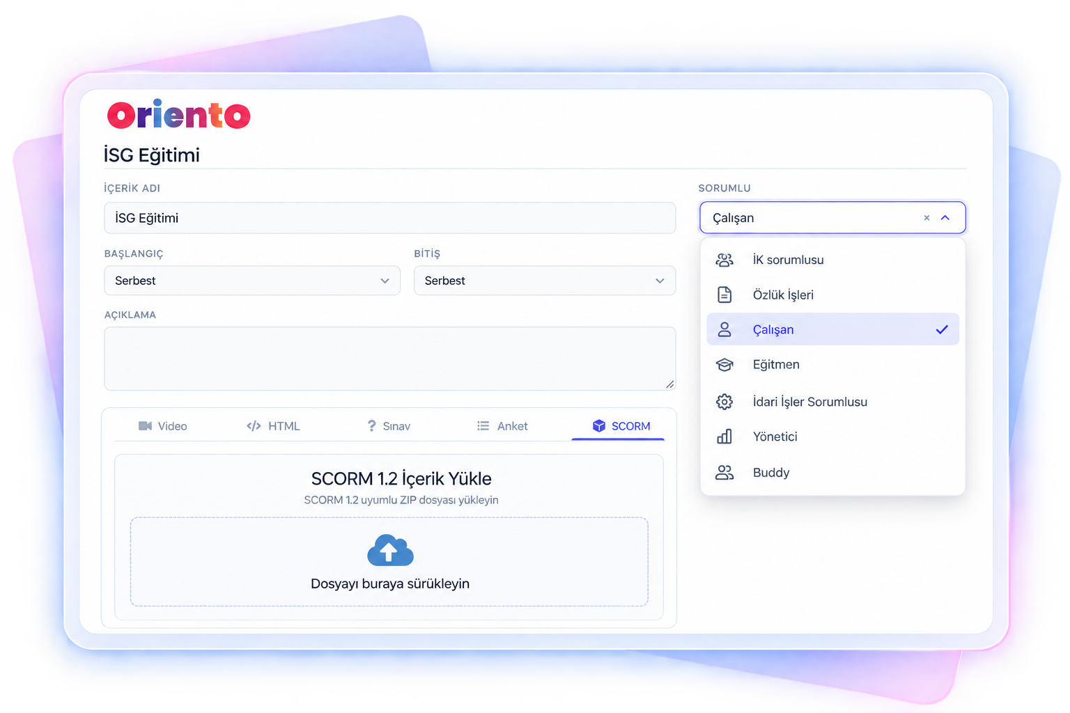 Oriento screen for choosing the responsible role while setting up OHS course content: HR Officer, Personnel Affairs, Employee, Instructor, Administrative Affairs Officer, Manager and Buddy