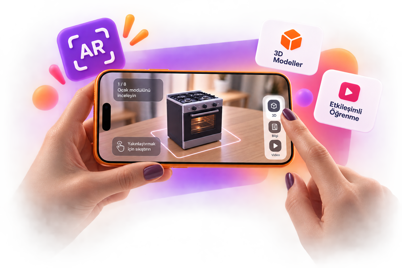 3D stove model viewed in augmented reality on a smartphone, with AR, 3D model and interactive learning badges