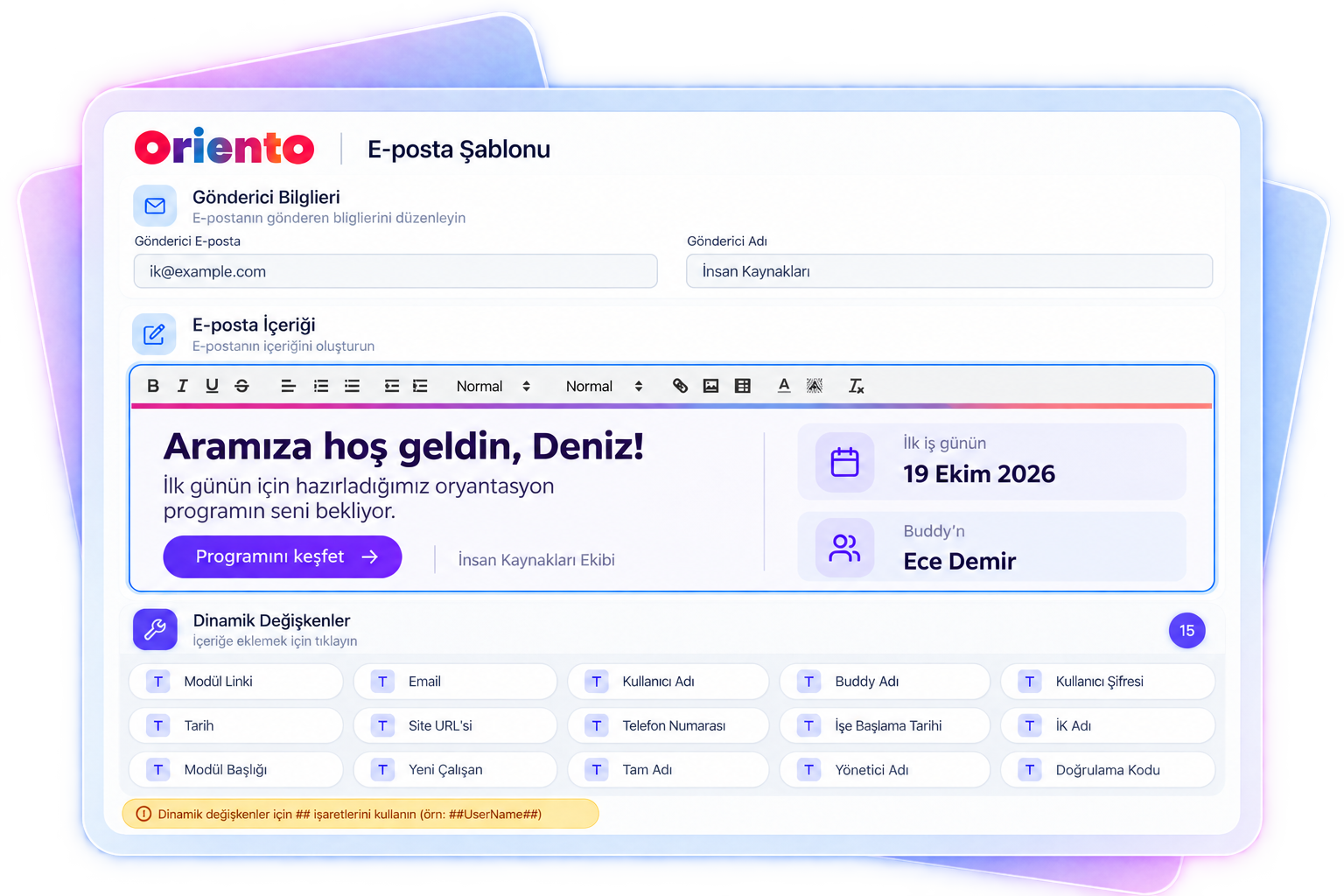 Oriento email template editor: sender details, formatting toolbar, a “Welcome aboard” email and dynamic variables such as name, first workday and buddy