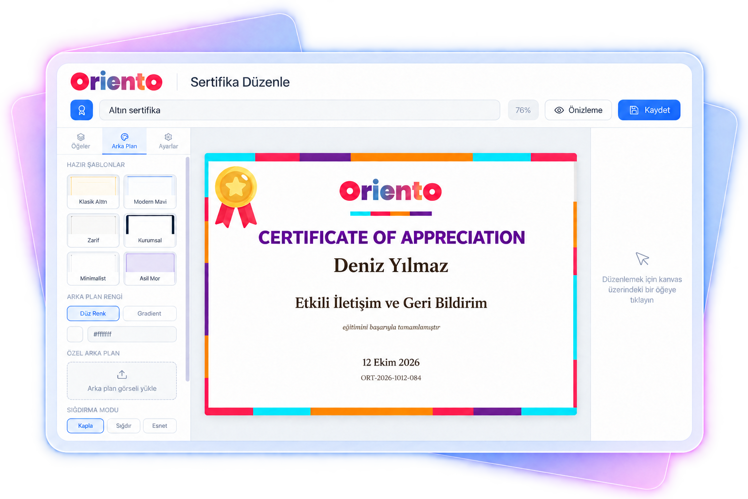 Oriento Edit Certificate screen: ready-made templates and background settings on the left, an Oriento-branded “Certificate of Appreciation” canvas in the center, Preview and Save buttons on top