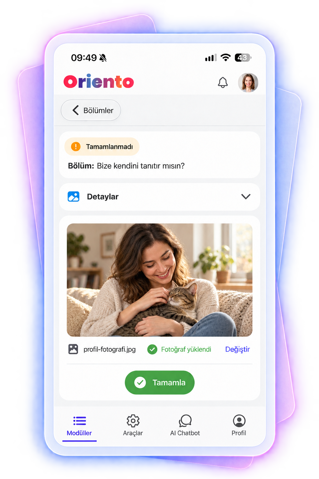 The “Would you introduce yourself?” section in the Oriento mobile app: the new hire’s uploaded profile photo, the “Photo uploaded” confirmation and the Complete button