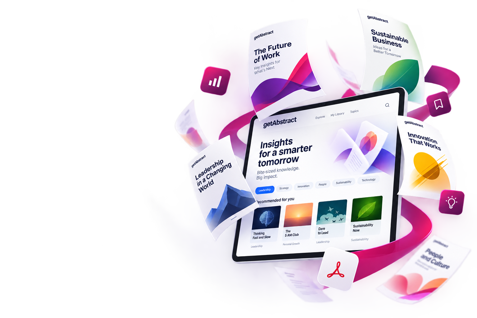 getAbstract platform: the “Insights for a smarter tomorrow” home page on a tablet, surrounded by flying book summary cards (The Future of Work, Sustainable Business, Leadership in a Changing World, Innovation That Works, People and Culture)