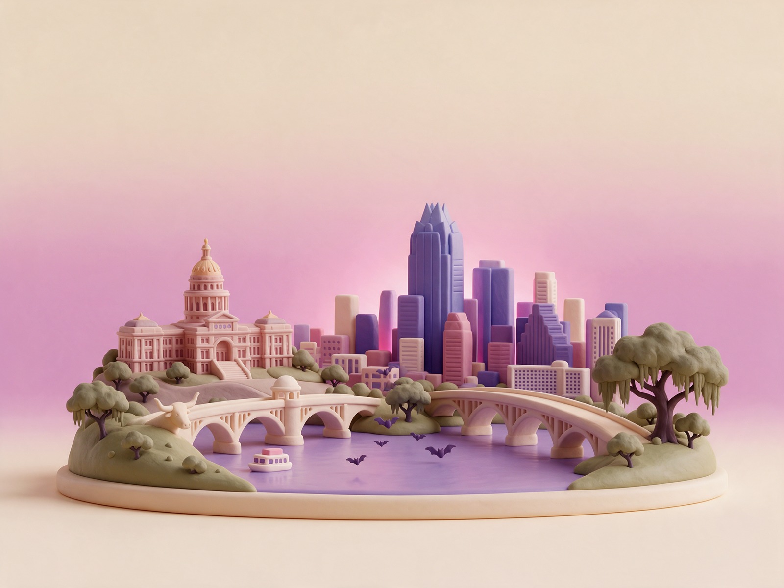 Austin, Texas: illustration of the Capitol building and the Congress Avenue Bridge