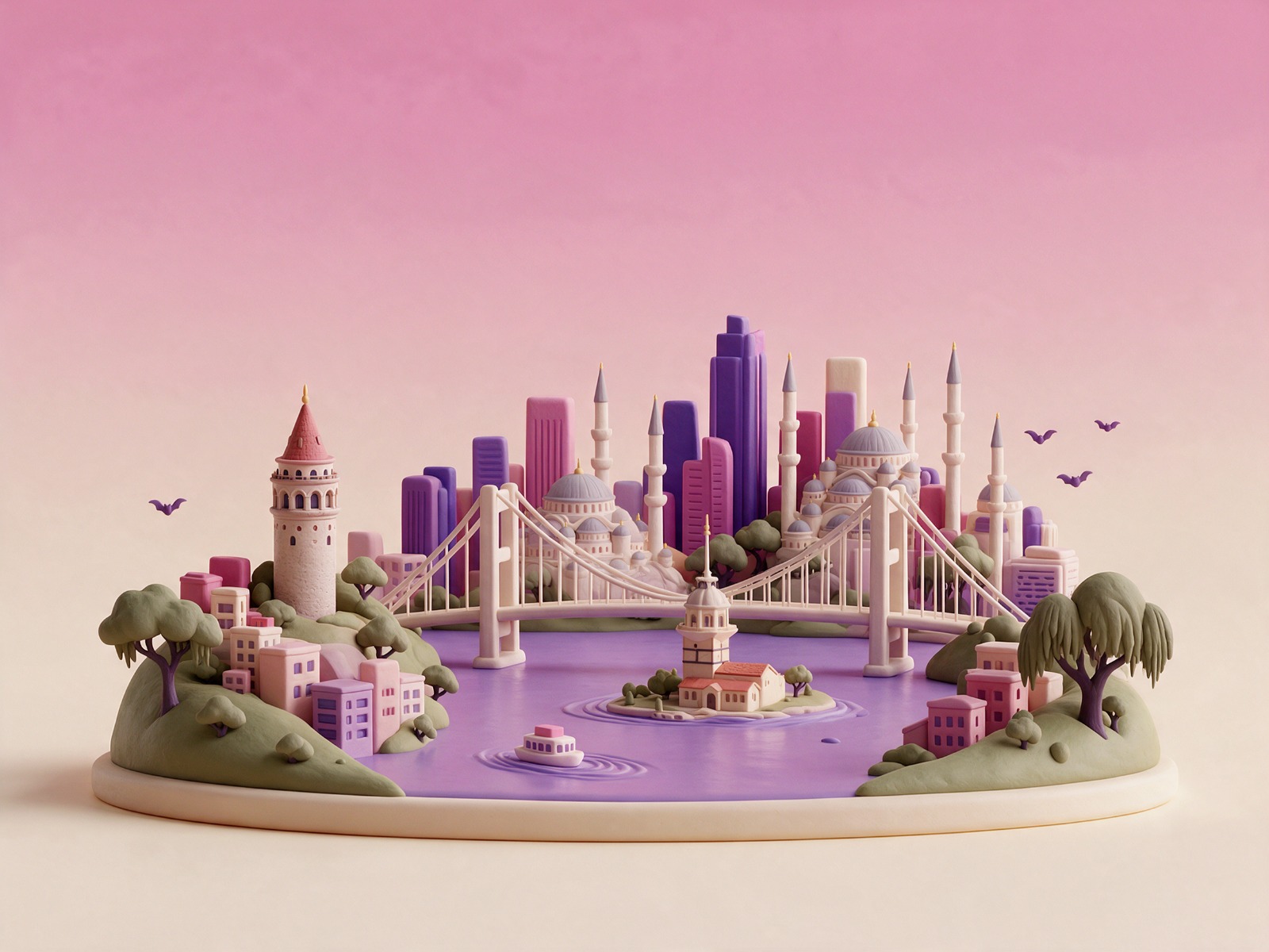 Istanbul: illustration of Galata Tower, Maiden’s Tower and the Bosphorus Bridge