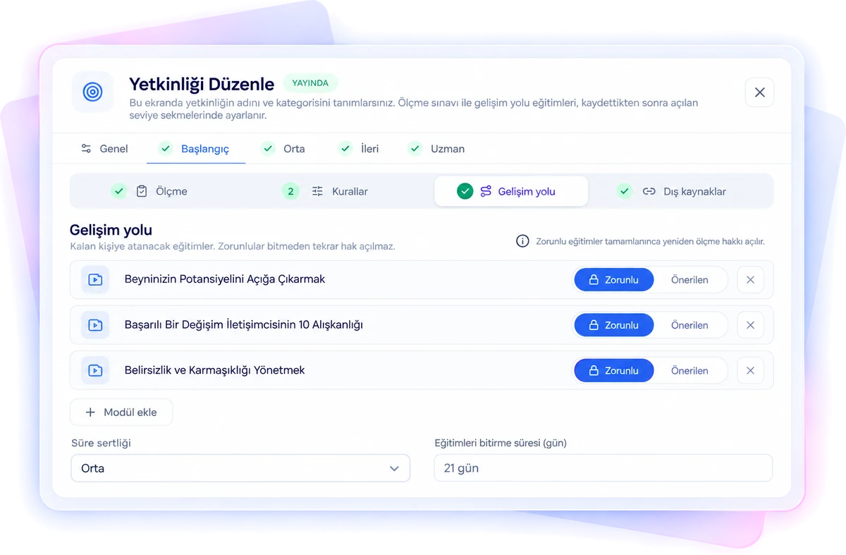 Oriento competency edit screen: level tabs and a development path of required courses
